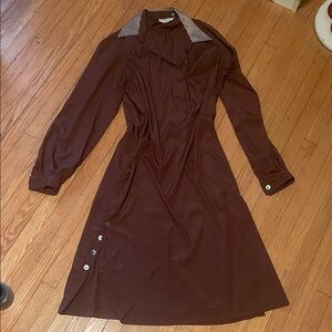Vintage 80s Women's Brown Long-Sleeve Collared Shirt Dress Size 13/14